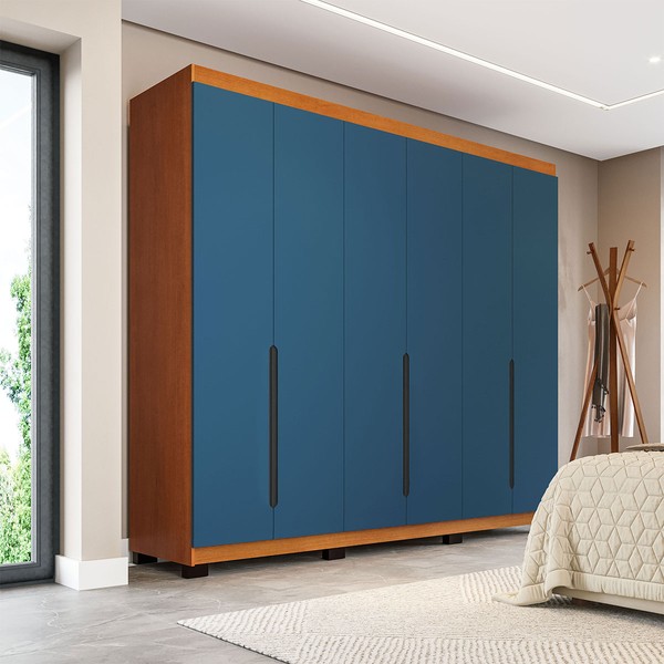 Guarda-Roupa Casal Madrid 6 Portas 4 Gavetas Azul/Freijó - Politorno