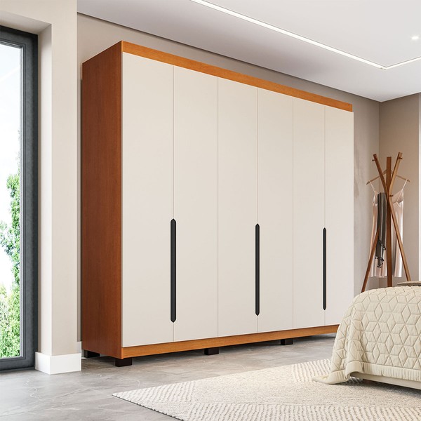 Guarda-Roupa Casal Madrid 6 Portas 4 Gavetas Creme/Freijó - Politorno