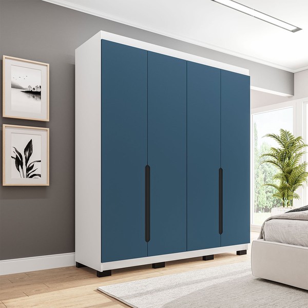 Guarda-Roupa Solteiro Madrid 4 Portas 4 Gavetas Azul/Branco - Politorno