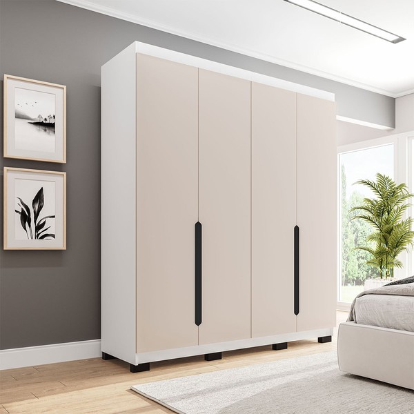 Guarda-Roupa Solteiro Madrid 4 Portas 4 Gavetas Creme/Branco - Politorno