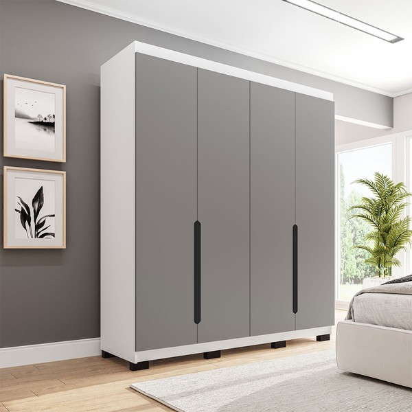 Guarda-Roupa Solteiro Madrid 4 Portas 4 Gavetas Cinza/Branco - Politorno