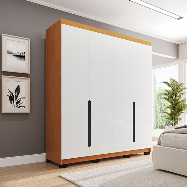 Guarda-Roupa Solteiro Madrid 4 Portas 4 Gavetas Branco/Freijó - Politorno