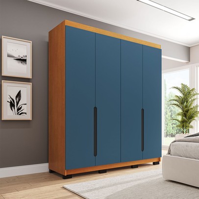 Guarda-Roupa Solteiro Madrid 4 Portas 4 Gavetas Azul/Freijó - Politorno