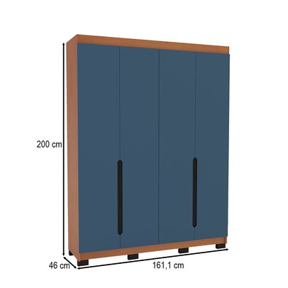 Guarda-Roupa Solteiro Madrid 4 Portas 4 Gavetas Azul/Freijó - Politorno