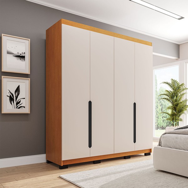 Guarda-Roupa Solteiro Madrid 4 Portas 4 Gavetas Creme/Freijó - Politorno