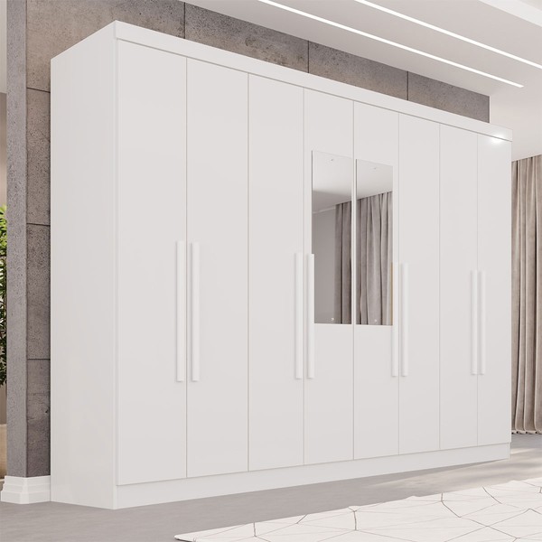 Guarda-Roupa Casal Pinheiro 8 Portas 4 Gavetas com Espelho Branco - Pnr Móveis