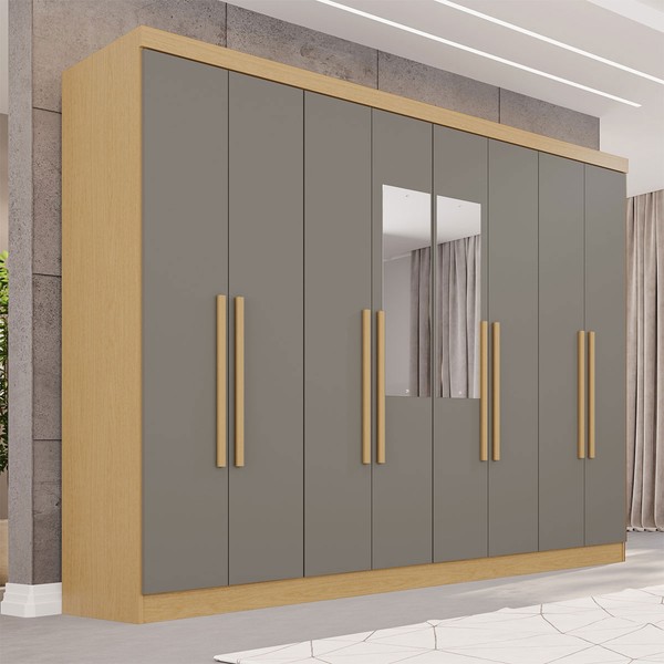 Guarda-Roupa Casal Pinheiro 8 Portas 4 Gavetas com Espelho Jequitibá/Granizo - Pnr Móveis