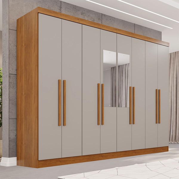 Guarda-Roupa Casal Pinheiro 8 Portas 4 Gavetas com Espelho Cinamomo/Off White - Pnr Móveis