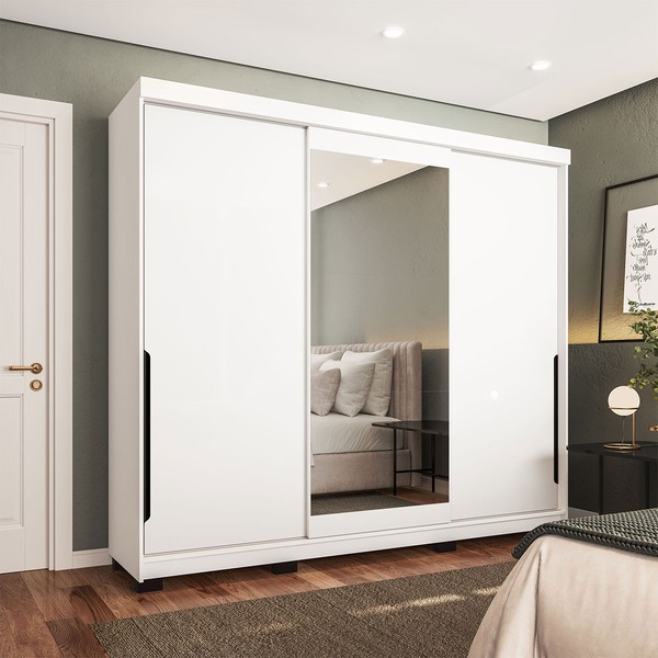 Guarda-Roupa Casal Madrid 3 Portas 4 Gavetas com Espelho Branco - Politorno