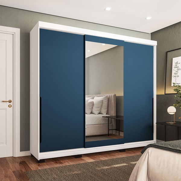 Guarda-Roupa Casal Madrid 3 Portas 4 Gavetas com Espelho Azul/Branco - Politorno