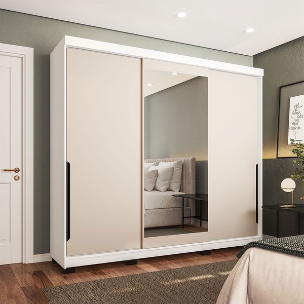 Guarda-Roupa Casal Madrid 3 Portas 4 Gavetas com Espelho Creme/Branco - Politorno