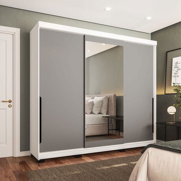 Guarda-Roupa Casal Madrid 3 Portas 4 Gavetas com Espelho Cinza/Branco - Politorno