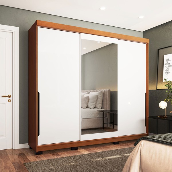 Guarda-Roupa Casal Madrid 3 Portas 4 Gavetas com Espelho Branco/Freijó - Politorno