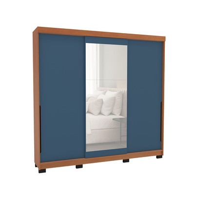 Guarda-Roupa Casal Madrid 3 Portas 4 Gavetas com Espelho Azul/Freijó - Politorno