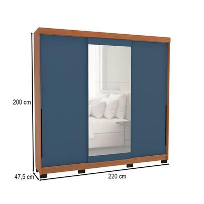 Guarda-Roupa Casal Madrid 3 Portas 4 Gavetas com Espelho Azul/Freijó - Politorno