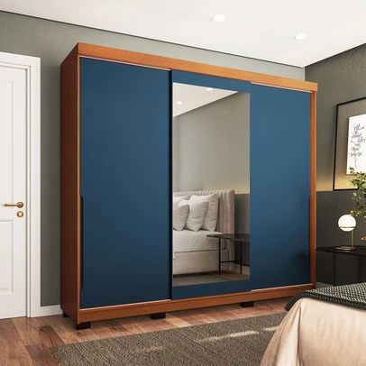 Guarda-Roupa Casal Madrid 3 Portas 4 Gavetas com Espelho Azul/Freijó - Politorno