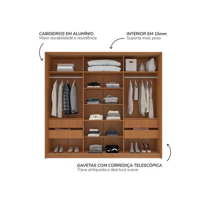 Guarda-Roupa Casal Madrid 3 Portas 4 Gavetas com Espelho Azul/Freijó - Politorno