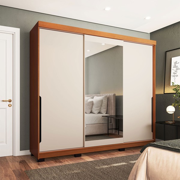 Guarda-Roupa Casal Madrid 3 Portas 4 Gavetas com Espelho Creme/Freijó - Politorno