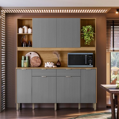 Armário de Cozinha Botanika 6 Portas 2 Gavetas Freijó/Gris - Kits Paraná