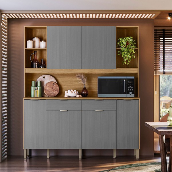 Armário de Cozinha Botanika 6 Portas 2 Gavetas Freijó/Gris - Kits Paraná