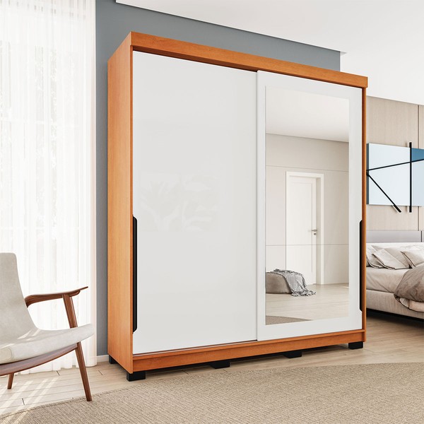 Guarda-Roupa Casal Madrid 2 Portas 2 Gavetas com Espelho Branco/Freijó - Politorno