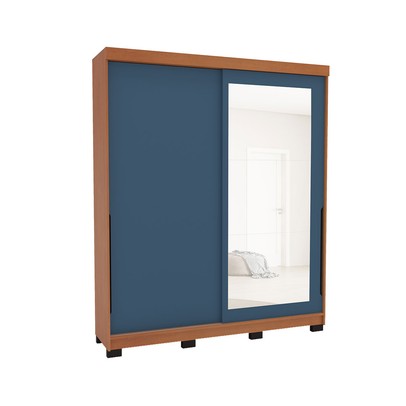 Guarda-Roupa Casal Madrid 2 Portas 2 Gavetas com Espelho Azul/Freijó - Politorno