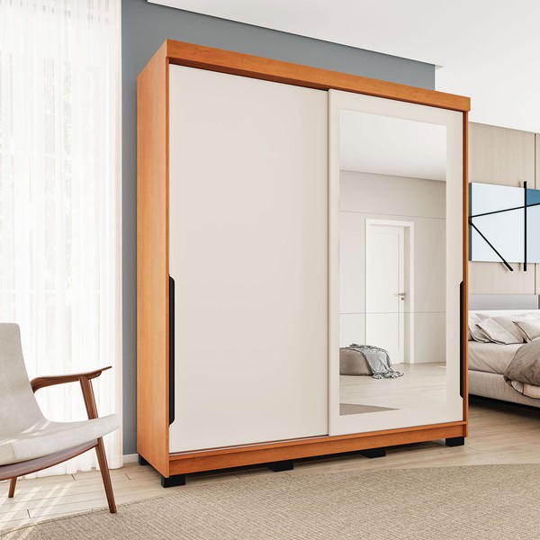 Guarda-Roupa Casal Madrid 2 Portas 2 Gavetas com Espelho Creme/Freijó - Politorno