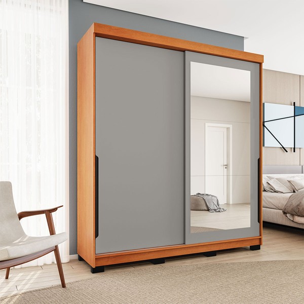 Guarda-Roupa Casal Madrid 2 Portas 2 Gavetas com Espelho Cinza/Freijó - Politorno