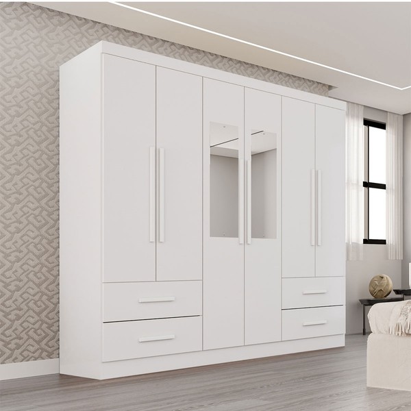 Guarda-Roupa Casal Balder Premium 6 Portas 4 Gavetas com Espelho Branco - Pnr Móveis