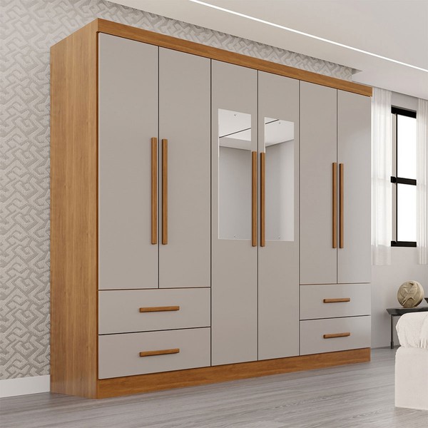 Guarda-Roupa Casal Balder Premium 6 Portas 4 Gavetas com Espelho Cinamomo/Off White - Pnr Móveis