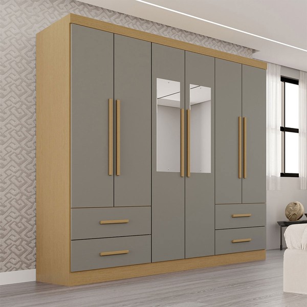 Guarda-Roupa Casal Balder Premium 6 Portas 4 Gavetas com Espelho Jequitibá/Granizo - Pnr Móveis