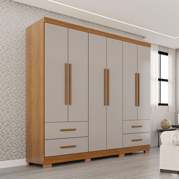 Guarda-Roupa Casal Balder Premium 6 Portas 4 Gavetas com Pés Cinamomo/Off White - Pnr Móveis