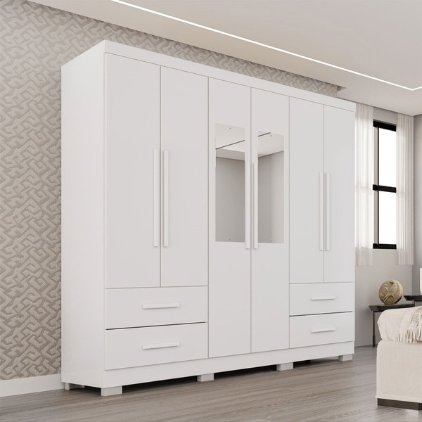 Guarda-Roupa Casal Balder Premium 6 Portas 4 Gavetas com Pés e Espelho Branco - Pnr Móveis