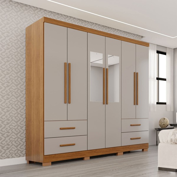 Guarda-Roupa Casal Balder Premium 6 Portas 4 Gavetas com Pés e Espelho Cinamomo/Off White - Pnr Móveis