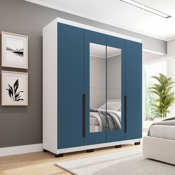 Guarda-Roupa Casal Madrid 4 Portas 4 Gavetas com Espelho Azul/Branco - Politorno