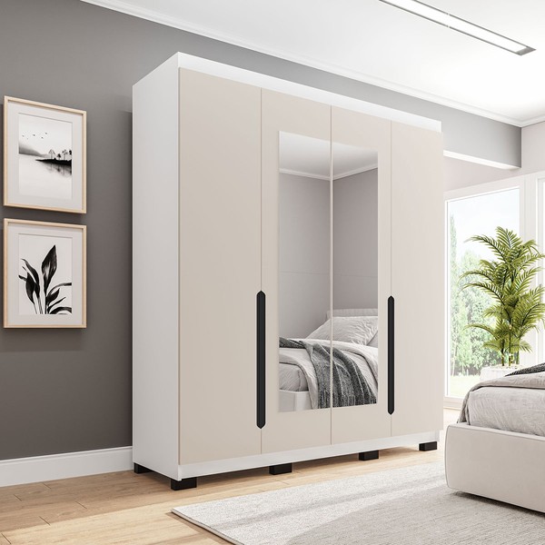 Guarda-Roupa Casal Madrid 4 Portas 4 Gavetas com Espelho Creme/Branco - Politorno