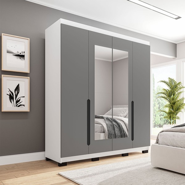 Guarda-Roupa Casal Madrid 4 Portas 4 Gavetas com Espelho Cinza/Branco - Politorno