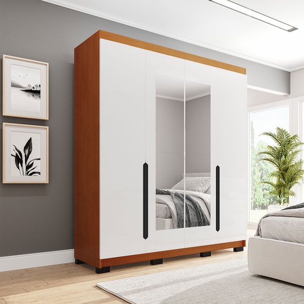 Guarda-Roupa Casal Madrid 4 Portas 4 Gavetas com Espelho Branco/Freijó - Politorno