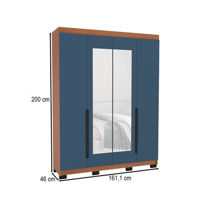 Guarda-Roupa Casal Madrid 4 Portas 4 Gavetas com Espelho Azul/Freijó - Politorno