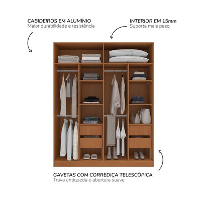 Guarda-Roupa Casal Madrid 4 Portas 4 Gavetas com Espelho Azul/Freijó - Politorno