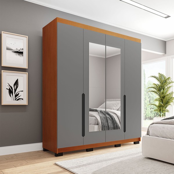 Guarda-Roupa Casal Madrid 4 Portas 4 Gavetas com Espelho Cinza/Freijó - Politorno