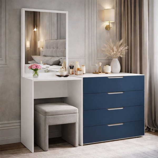 Cômoda Madrid 4 Gavetas com Espelho Azul/Branco - Politorno