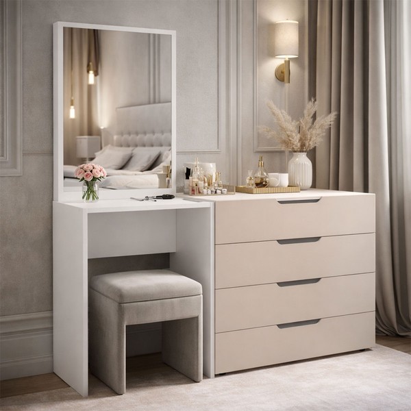 Cômoda Madrid 4 Gavetas com Espelho Creme/Branco - Politorno