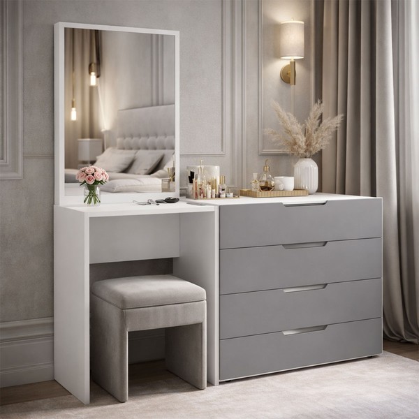 Cômoda Madrid 4 Gavetas com Espelho Cinza/Branco - Politorno