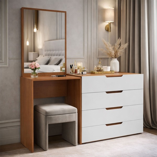 Cômoda Madrid 4 Gavetas com Espelho Branco/Freijó - Politorno