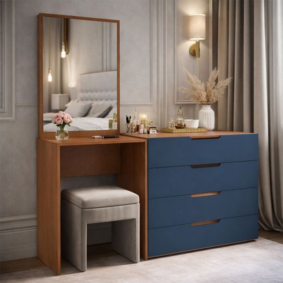 Cômoda Madrid 4 Gavetas com Espelho Azul/Freijó - Politorno