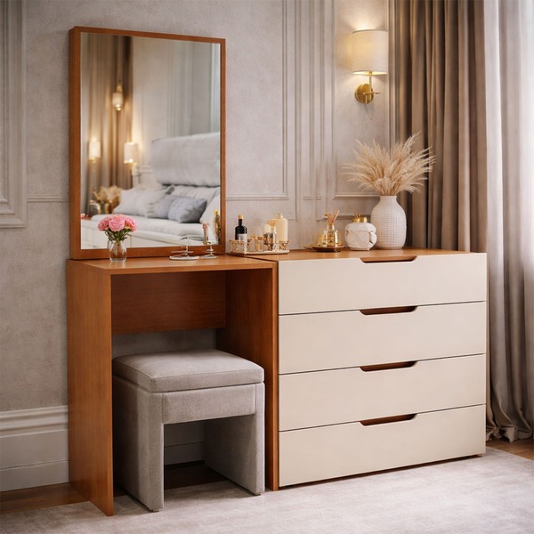 Cômoda Madrid 4 Gavetas com Espelho Creme/Freijó - Politorno