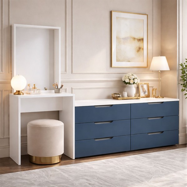 Cômoda Madrid 6 Gavetas com Espelho Azul/Branco - Politorno