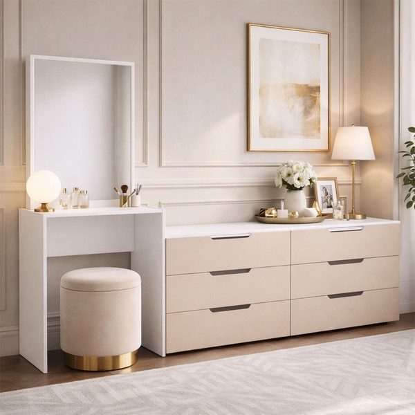 Cômoda Madrid 6 Gavetas com Espelho Creme/Branco - Politorno