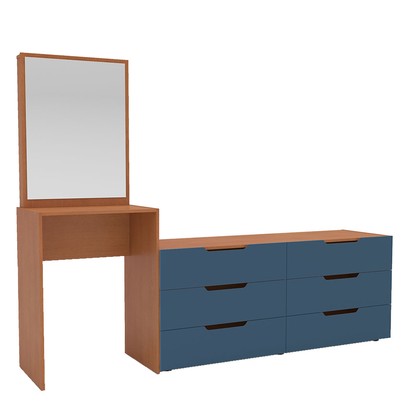 Cômoda Madrid 6 Gavetas com Espelho Azul/Freijó - Politorno